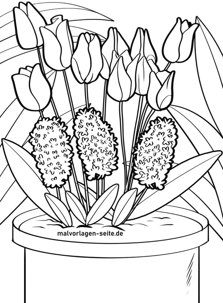 malvorlage-blumenstrauss-mit-tulpen-und-pflanzen