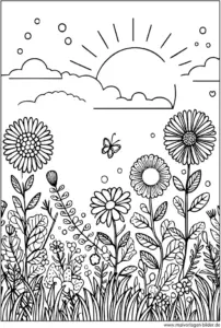 malvorlage-blumenwiese-mit-sonne-und-schmetterlingen