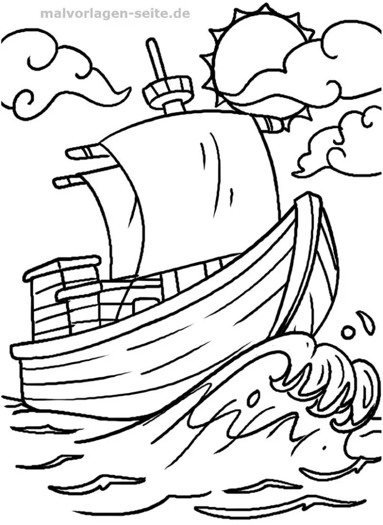 malvorlage-boot-auf-dem-meer-mit-sonne-und-wolken