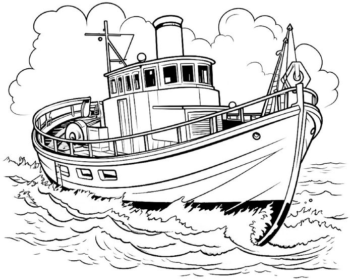 malvorlage-boot-auf-wellen-mit-wolken
