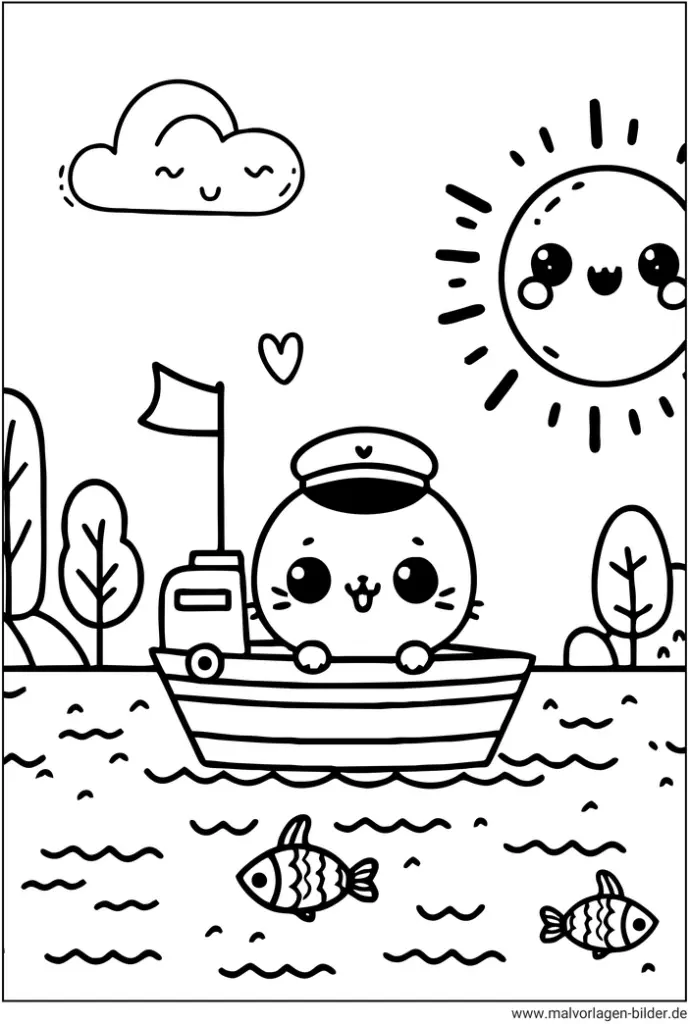 malvorlage-boot-mit-kapitaen-und-fischen