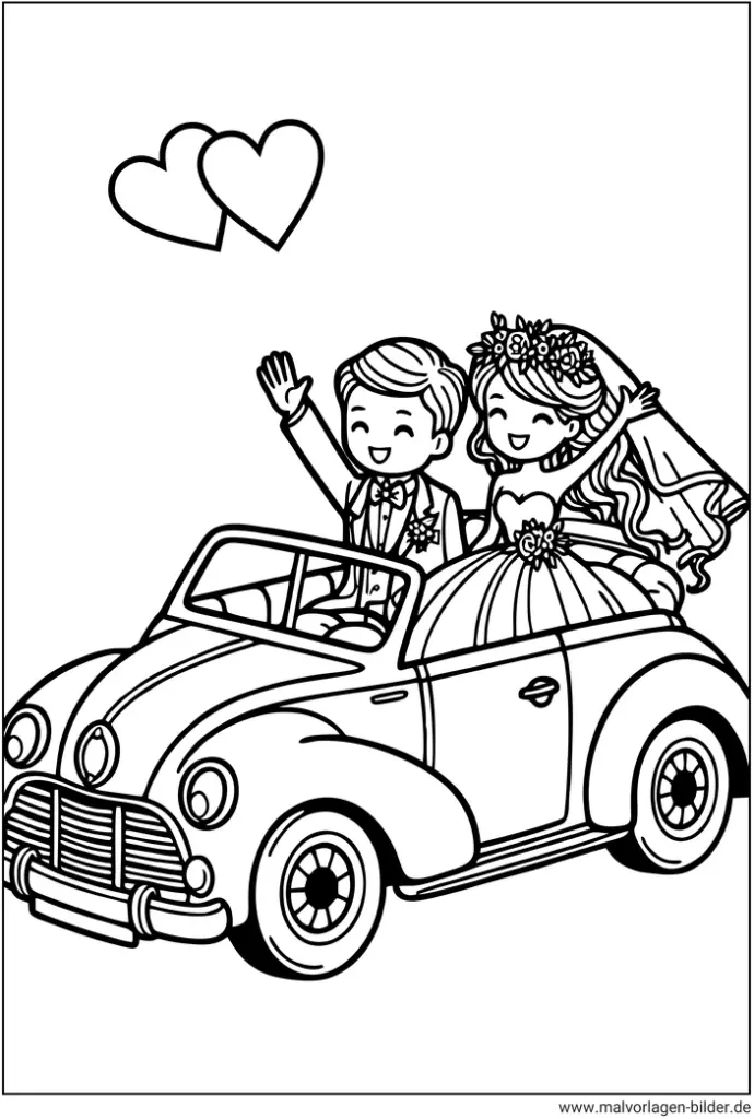 malvorlage-brautpaar-im-auto