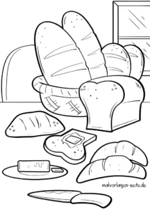 malvorlage-brot-und-backwaren-im-korb-und-auf-dem-tisch