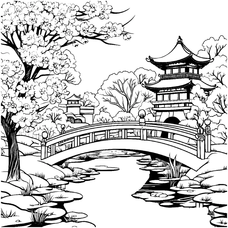 malvorlage-bruecke-asiatische-architektur-natur