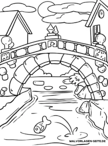 malvorlage-bruecke-ueber-fluss-mit-fisch-und-haeusern