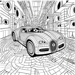 malvorlage-bugatti-futuristische-stadt-mit-geometrischen-formen