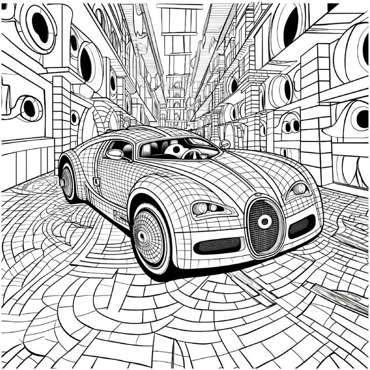 malvorlage-bugatti-futuristische-stadt-mit-geometrischen-formen