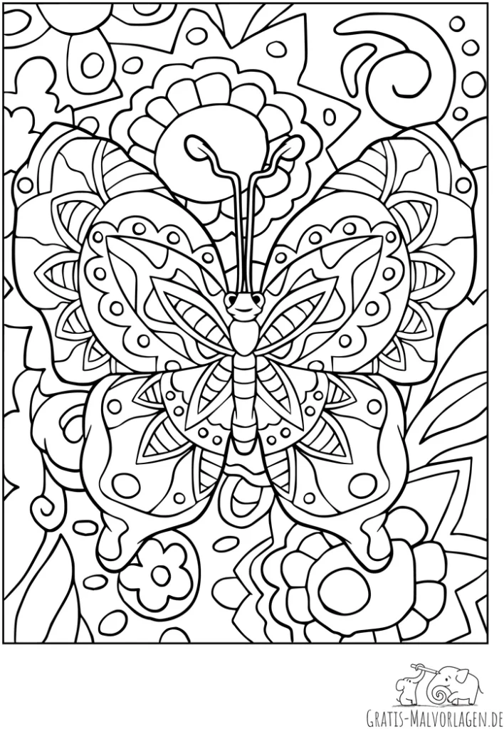 malvorlage-bunter-schmetterling-und-blumen
