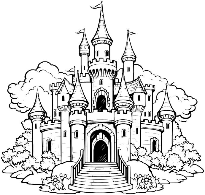 malvorlage-burg-in-fantasielandschaft