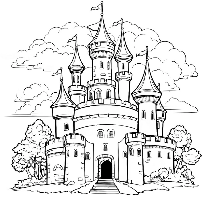 malvorlage-burg-mit-hohen-tuemern-und-wolken