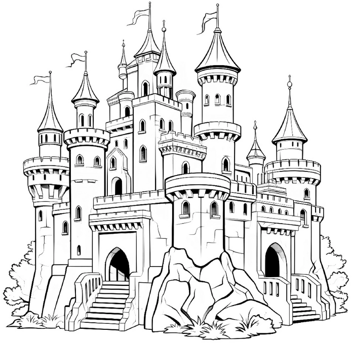 malvorlage-burg-mit-tuerme-und-fahnen