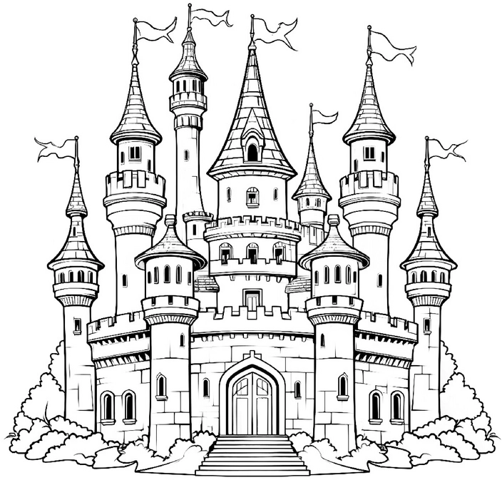 malvorlage-burg-mit-tuerme-und-flaggen