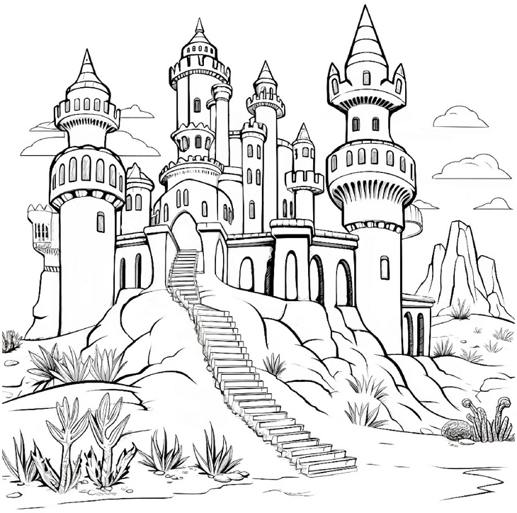 malvorlage-burg-mit-tuern-und-treppe