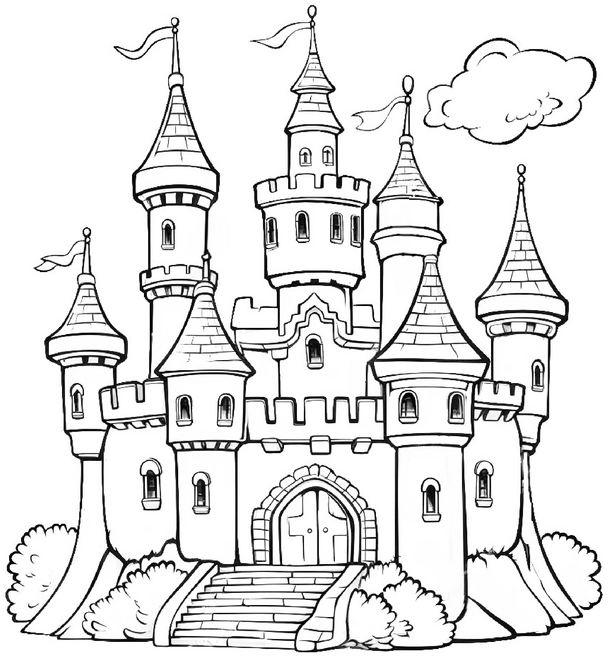 malvorlage-burg-mit-tuern-und-wimpeln