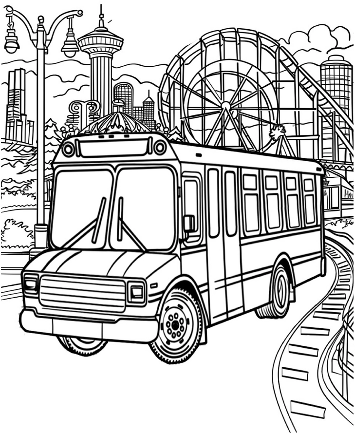 malvorlage-bus-im-freizeitpark-mit-riesenrad