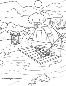 malvorlage-camping-am-see-mit-angler-und-zelt
