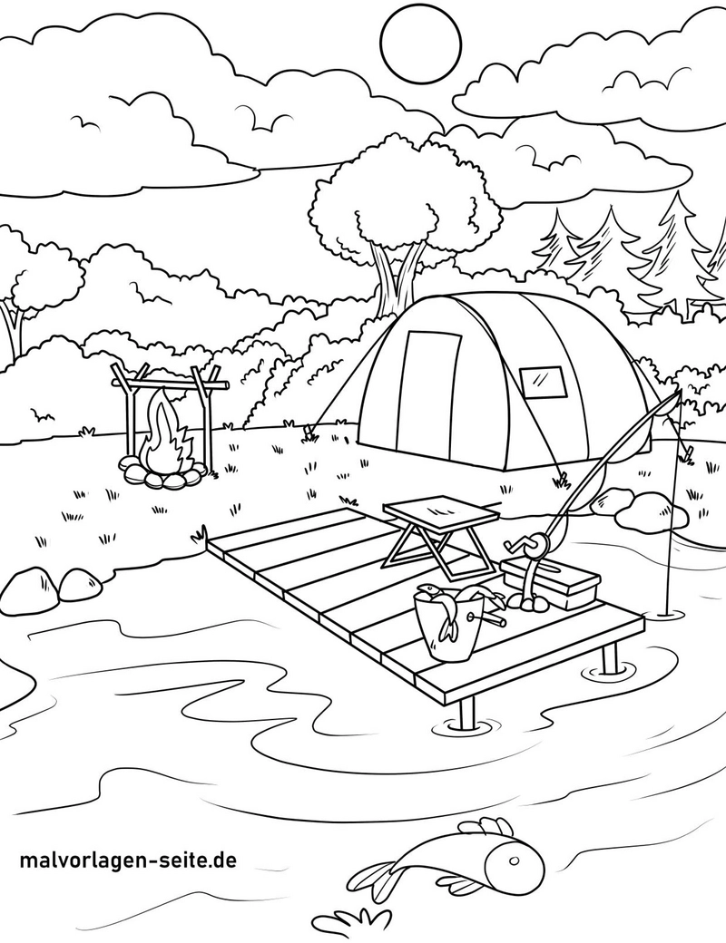 malvorlage-camping-am-see-mit-angler-und-zelt
