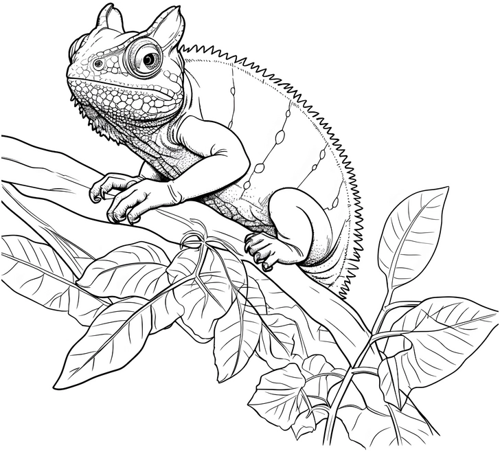 malvorlage-chamaeleon-auf-ast-mit-blaettern