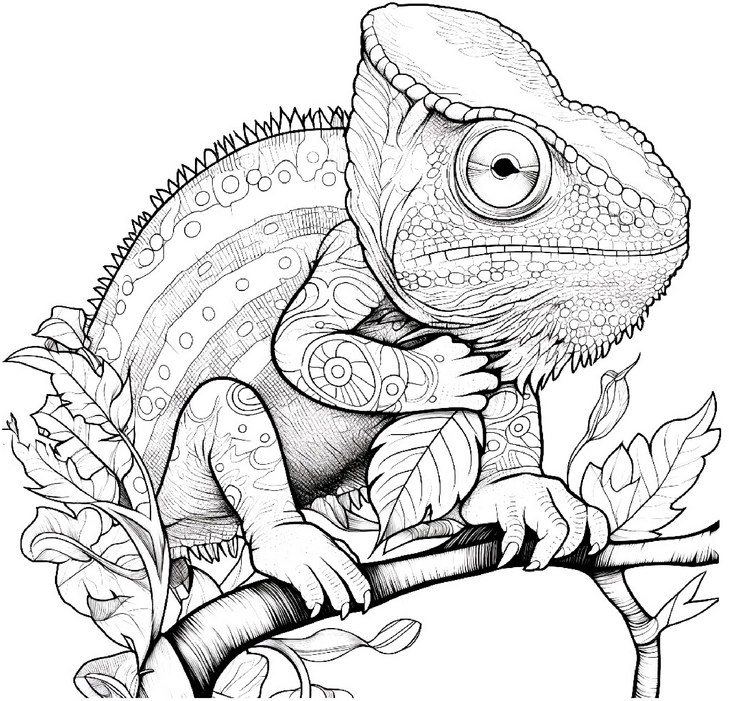 malvorlage-chamaeleon-auf-ast-mit-mustern