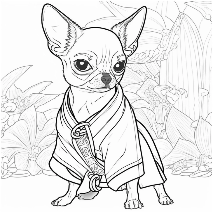 malvorlage-chihuahua-im-gewand-vor-blumen