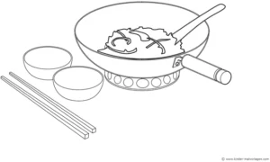 malvorlage-chinesischer-wok-mit-schaelchen-und-essstaebchen