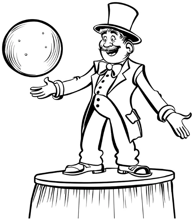 malvorlage-clown-balanziert-kugel-im-zirkus