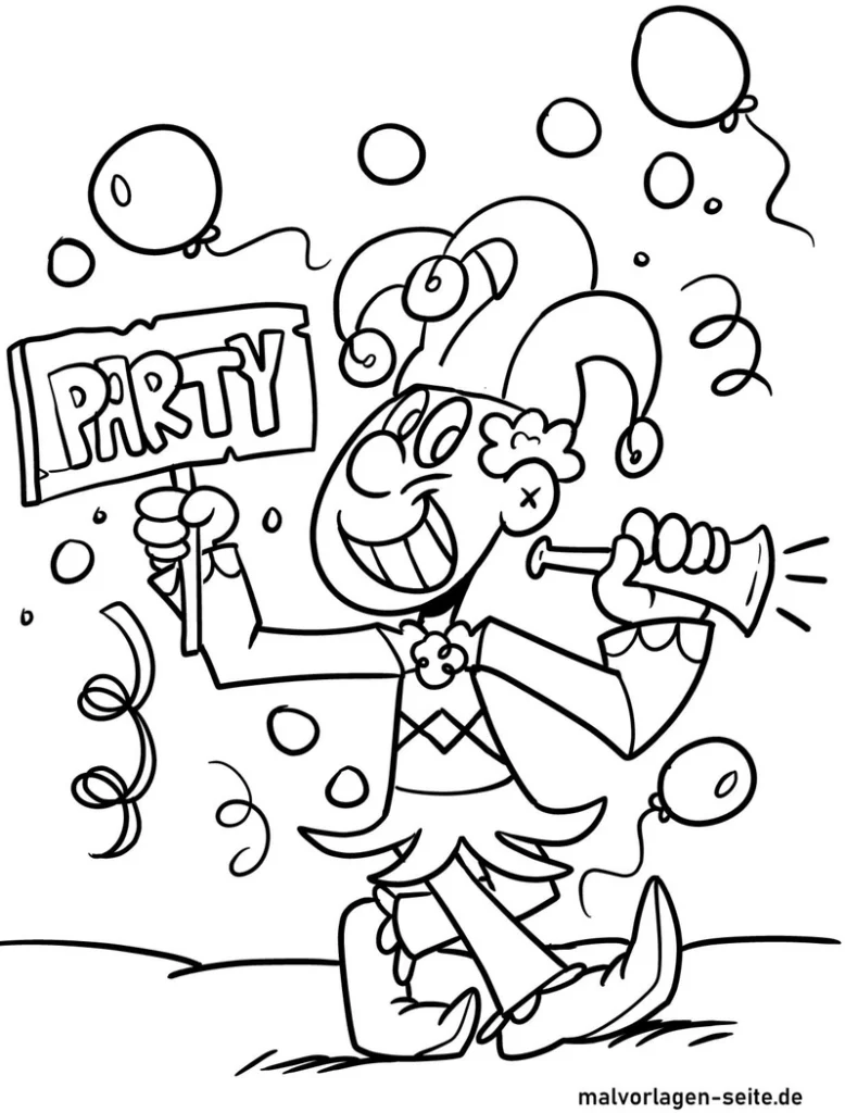 malvorlage-clown-mit-party-schild-und-luftballons
