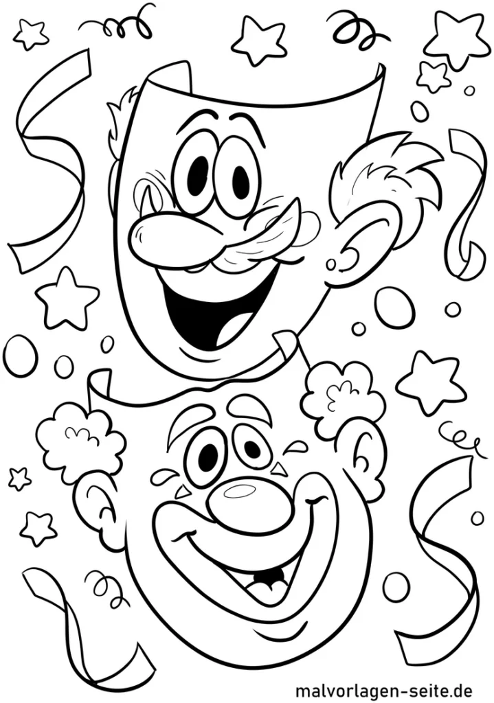 malvorlage-clowns-mit-konfetti-und-sternen
