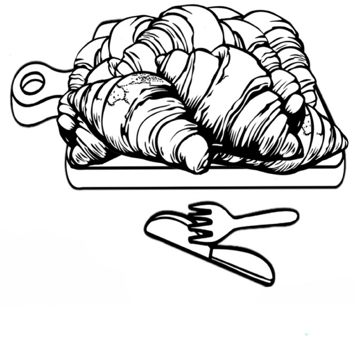 malvorlage-croissants-auf-holzbrett-mit-besteck