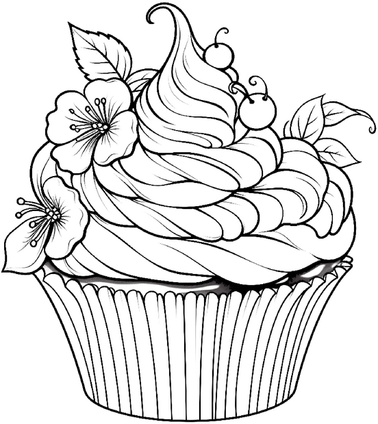 malvorlage-cupcake-mit-blumen-und-fruechten
