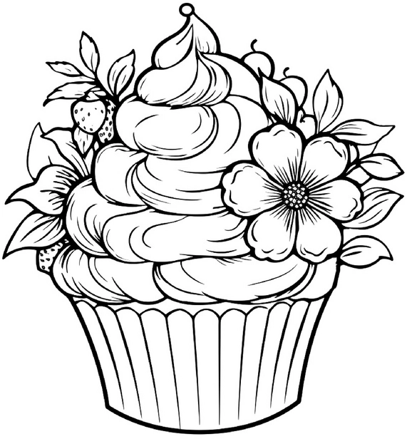 malvorlage-cupcake-mit-blumen-und-zuckerguss