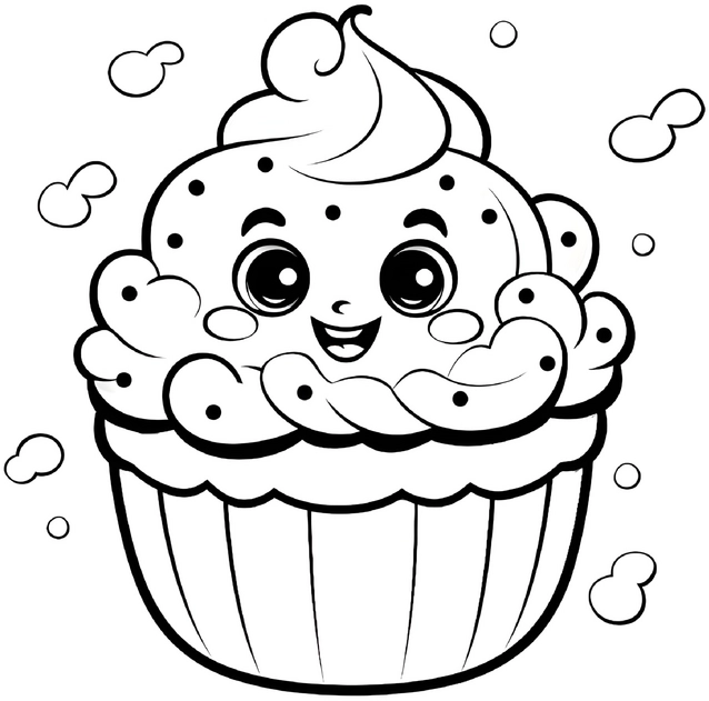 malvorlage-cupcake-mit-froehlichem-gesicht-und-blasen