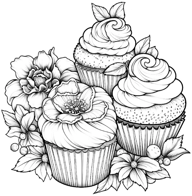 malvorlage-cupcakes-und-blumen-zum-ausmalen