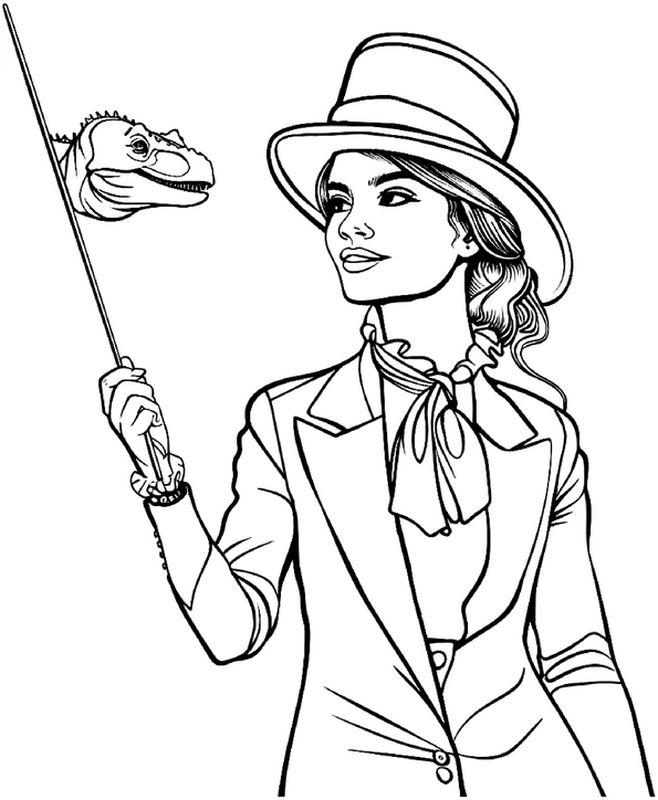 malvorlage-dame-mit-dinosaurier-in-der-hand