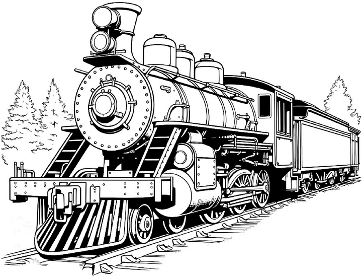 malvorlage-dampflok-mit-baeumen-und-schienen