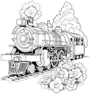 malvorlage-dampflokomotive-blumen-baeume