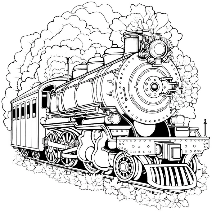 malvorlage-dampflokomotive-mit-dampf-und-pflanzen