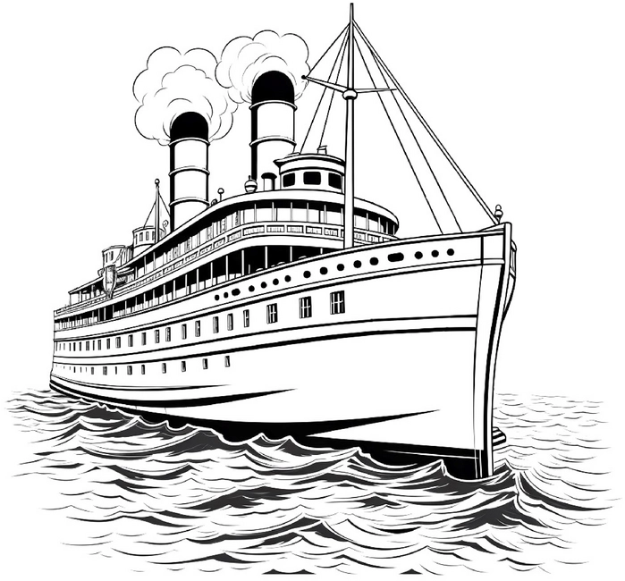 malvorlage-dampfschiff-auf-wellen-mit-schornsteinen