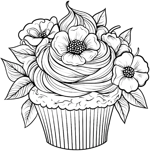 malvorlage-dekorativer-cupcake-mit-blumen