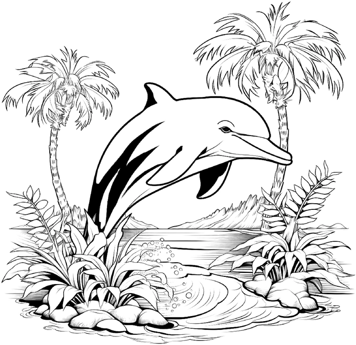 malvorlage-delfin-im-wasser-mit-palmen