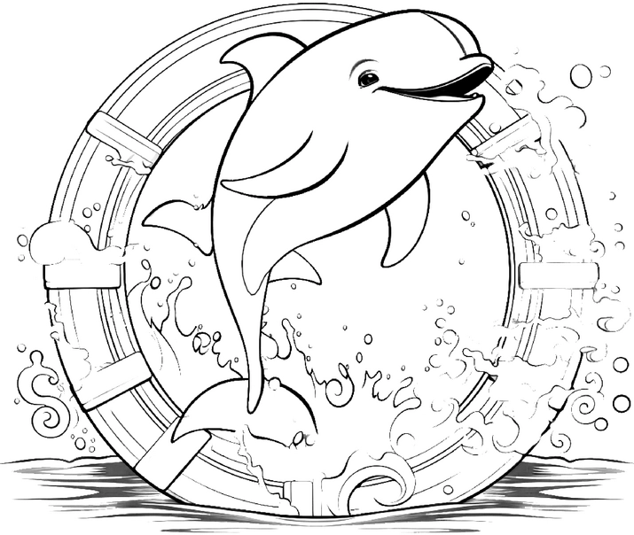 malvorlage-delfin-im-wasser-mit-rettungsring