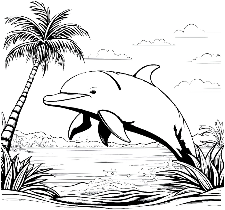 malvorlage-delfin-mit-palmen-in-wasserlandschaft