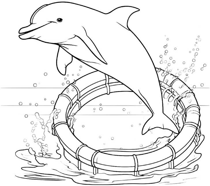 malvorlage-delfin-springt-durch-schwimmreifen