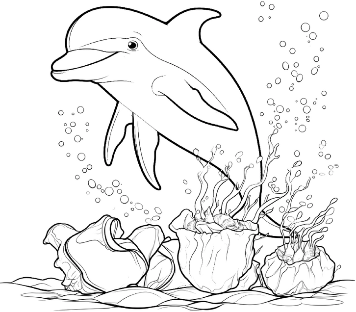 malvorlage-delfin-und-korallen-in-der-meereswelt