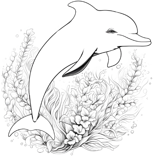 malvorlage-delfin-und-unterwasser-pflanzen