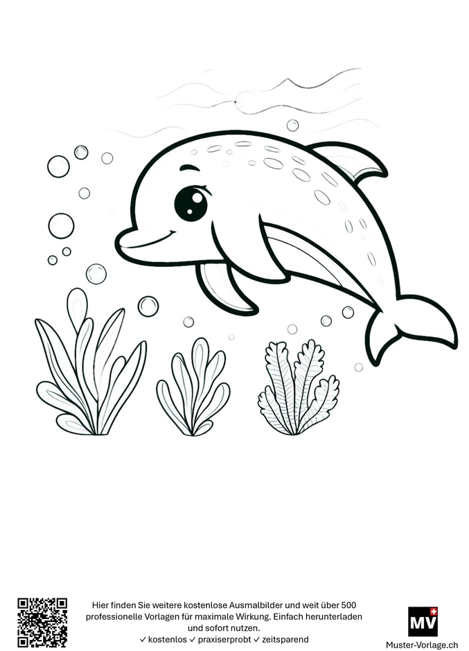 malvorlage-delfin-unterwasser-mit-wasserpflanzen