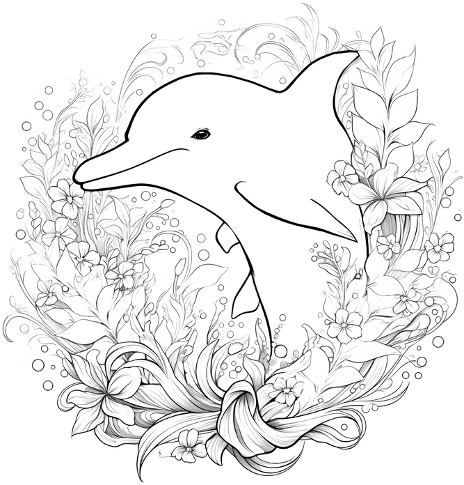 malvorlage-delphin-in-blumen-und-pflanzen