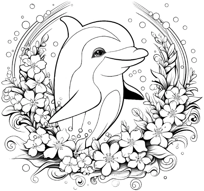 malvorlage-delphin-und-blumenkranz