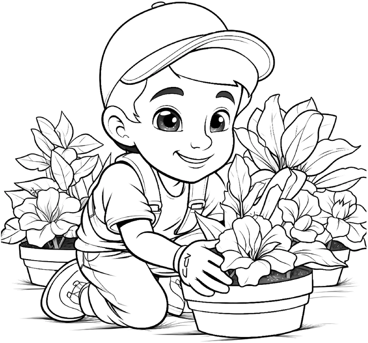 malvorlage-der-junge-gaertner-mit-pflanzen-und-blumen