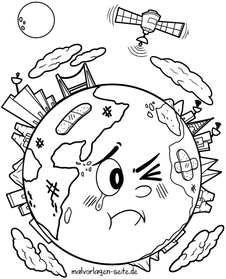 malvorlage-die-erde-mit-satelliten-und-wolken
